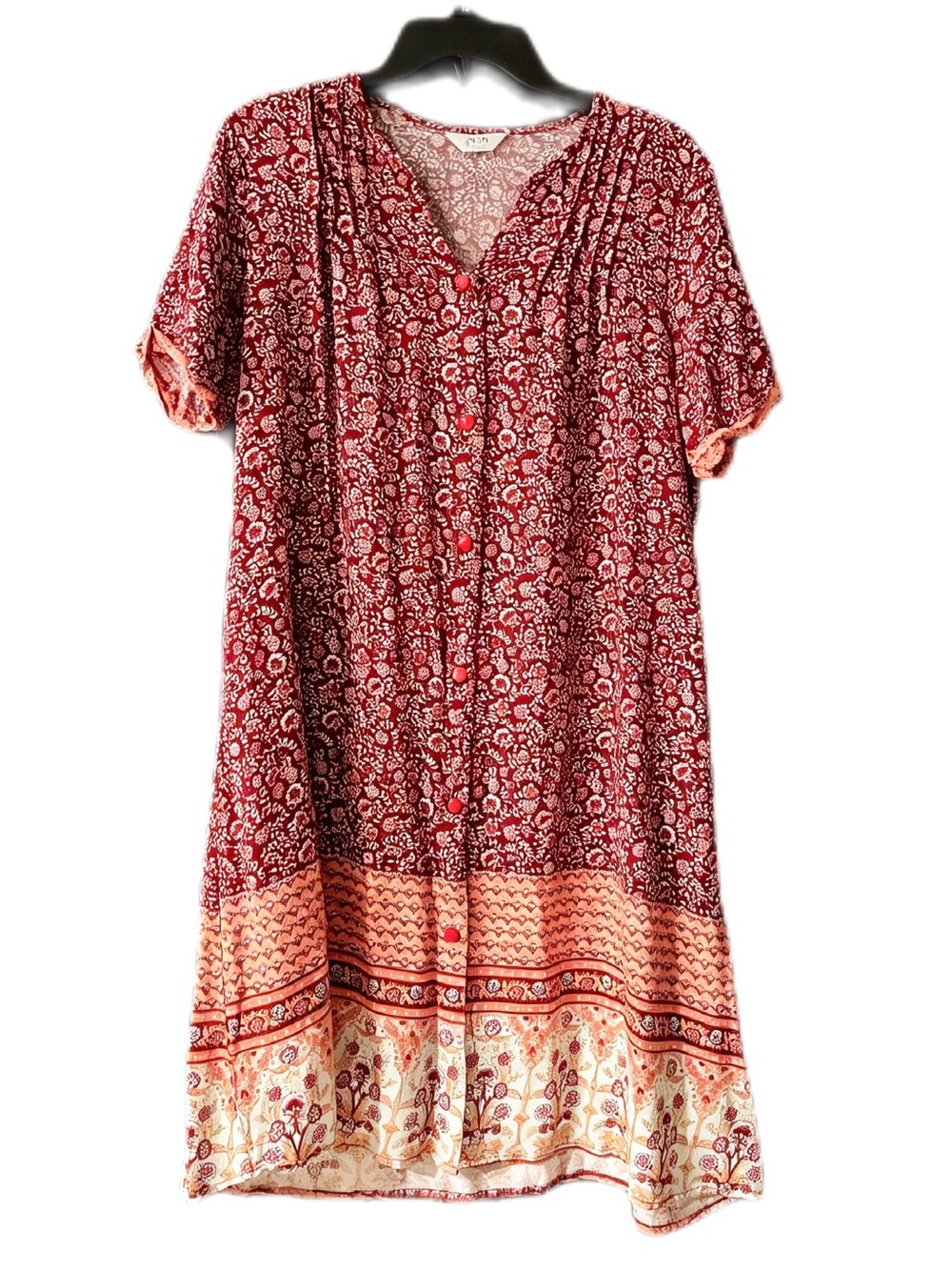 Floral Red Orange Pink House Dress Duster Loungewear Nightgown Pockets Size L